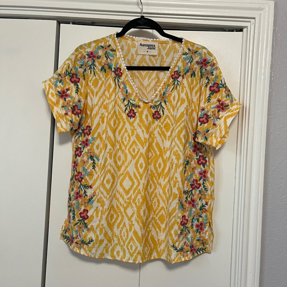 Savanna Jane Yellow Floral Embroidered V-Neck‎ Pom Pom Trim Blouse Medium
